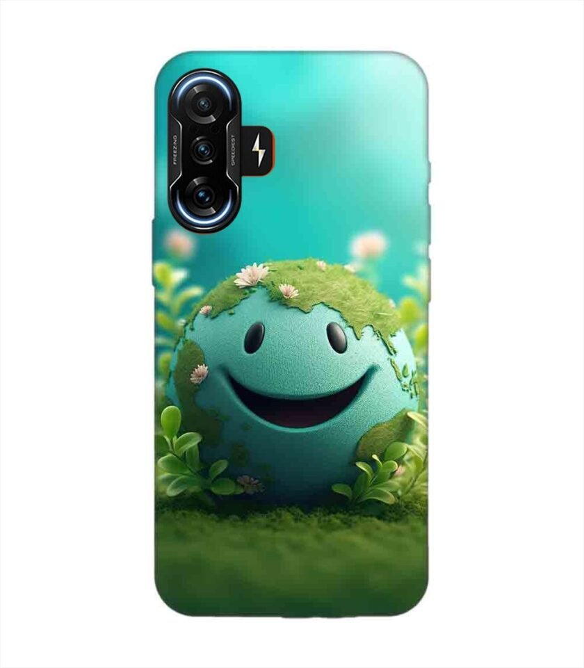 Poco F3 Gt (5G) cartoon earth with smiling face sits grass Custom Printed Back Cover Design