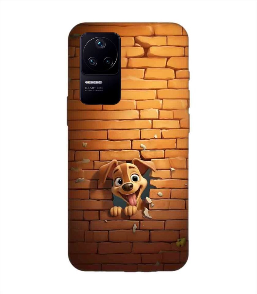 Poco F4 (5G) cartoon dog sticking out hole brick wall generative ai Custom Printed Back Cover Design