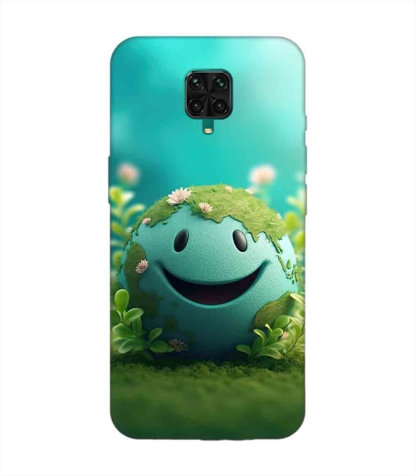 Poco M2 Pro cartoon earth with smiling face sits grass Custom Printed Back Cover Design