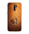 Poco M2 Reloaded cartoon dog sticking out hole brick wall generative ai Custom Printed Back Cover Design
