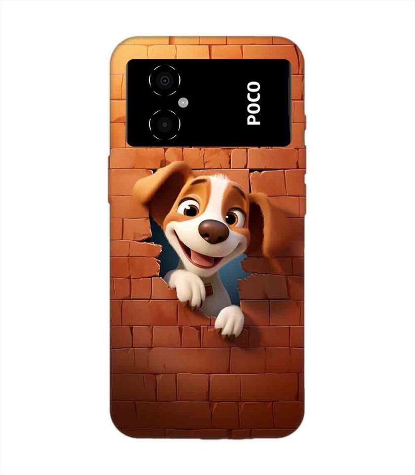 Poco M4 (5G) cartoon dog looking out hole brick wall with light generative ai Custom Printed Back Cover Design