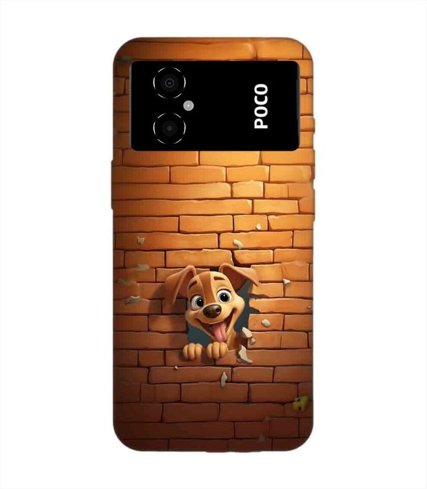 Poco M4 (5G) cartoon dog sticking out hole brick wall generative ai Custom Printed Back Cover Design