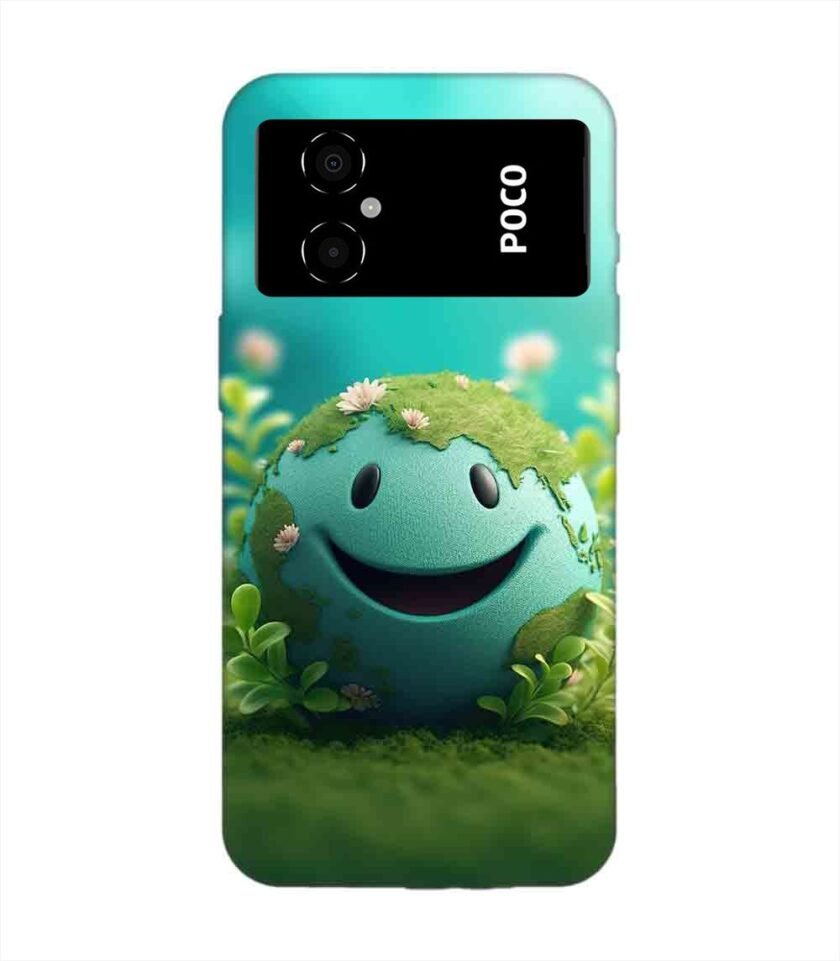 Poco M4 (5G) cartoon earth with smiling face sits grass Custom Printed Back Cover Design