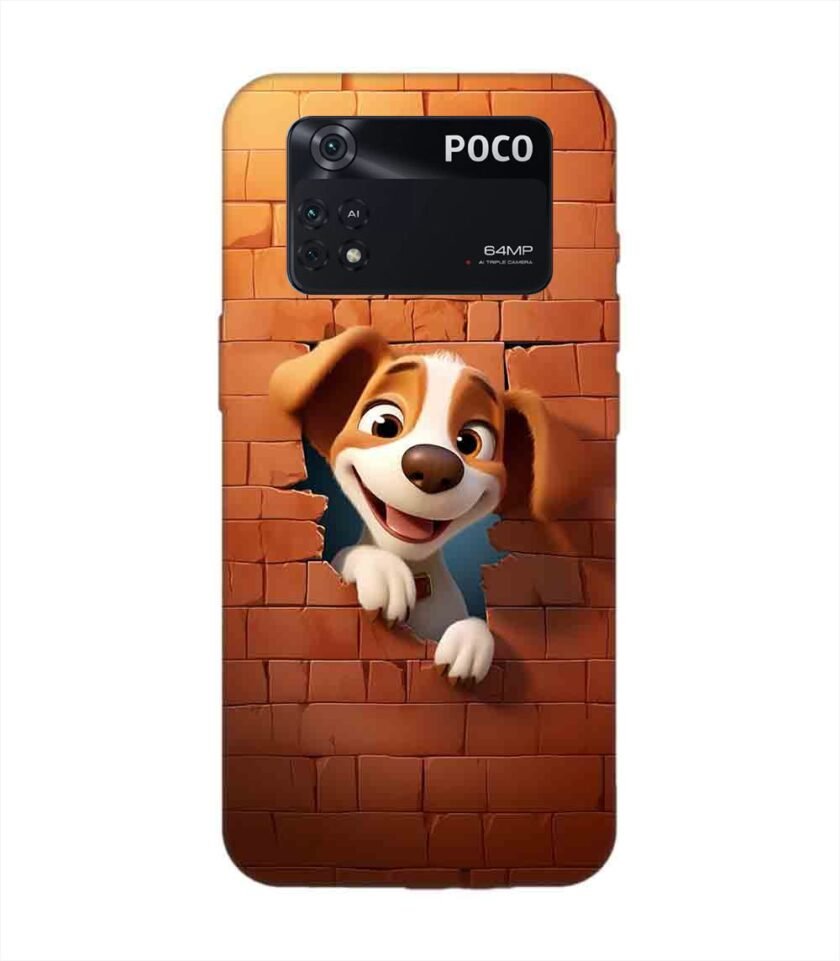 Poco M4 Pro (4G) cartoon dog looking out hole brick wall with light generative ai Custom Printed Back Cover Design