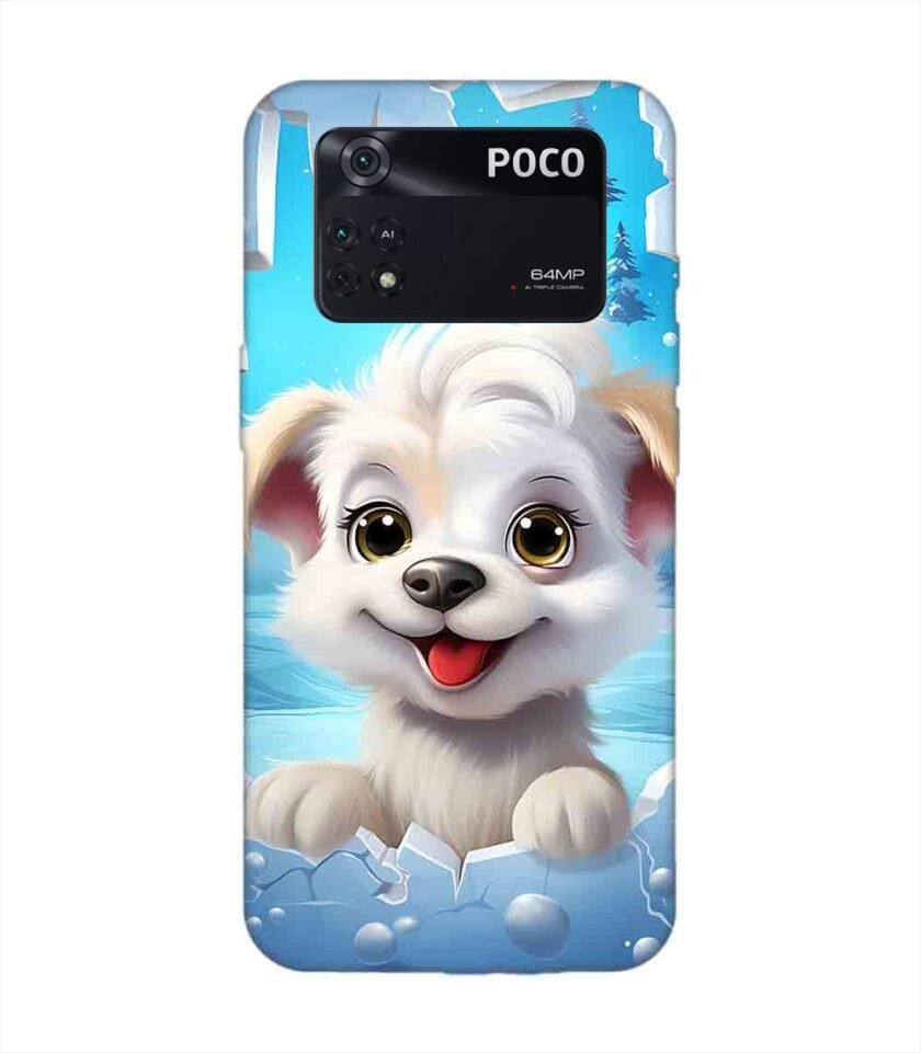 Poco M4 Pro (4G) cartoon dog looking through hole wall with snow Custom Printed Back Cover Design