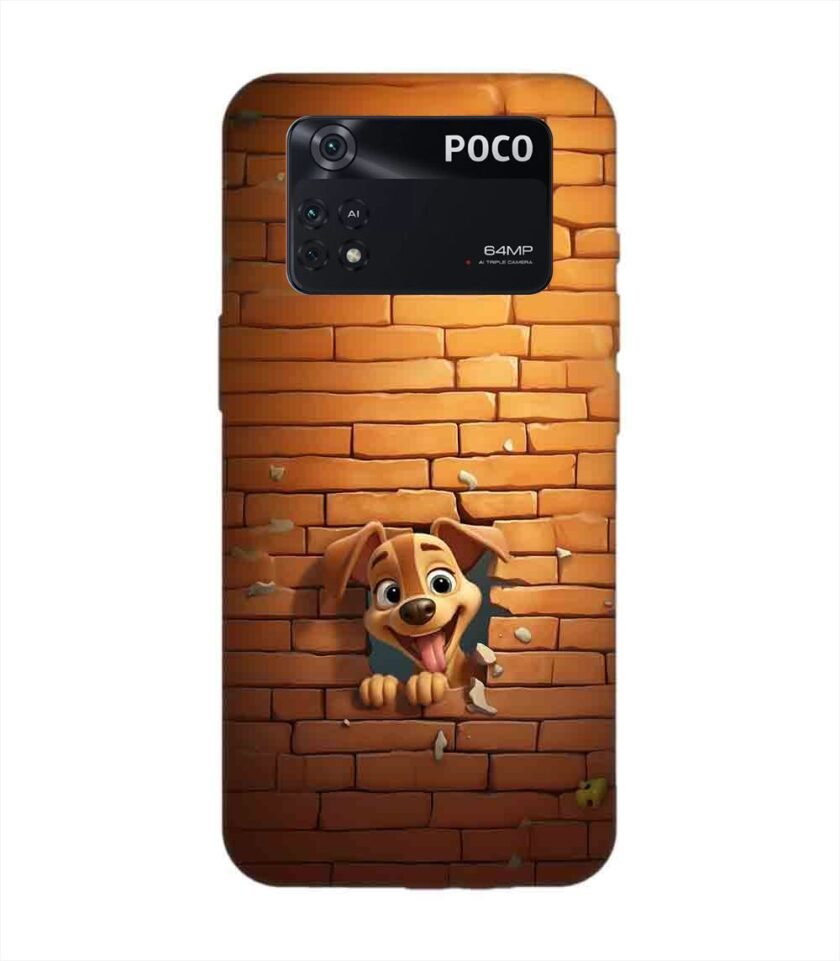 Poco M4 Pro (4G) cartoon dog sticking out hole brick wall generative ai Custom Printed Back Cover Design