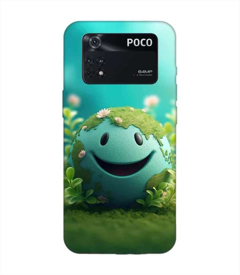 Poco M4 Pro (4G) cartoon earth with smiling face sits grass Custom Printed Back Cover Design