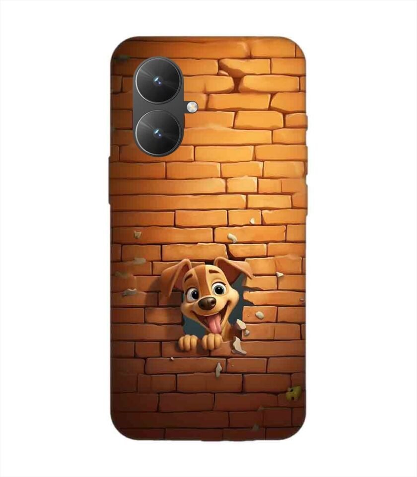 Poco M6 (5G) cartoon dog sticking out hole brick wall generative ai Custom Printed Back Cover Design
