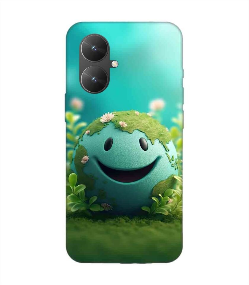 Poco M6 (5G) cartoon earth with smiling face sits grass Custom Printed Back Cover Design