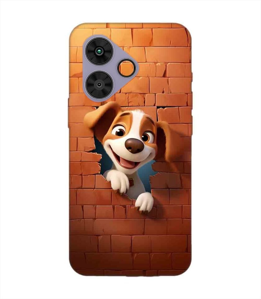 Poco M6 Plus (5G) cartoon dog looking out hole brick wall with light generative ai Custom Printed Back Cover Design