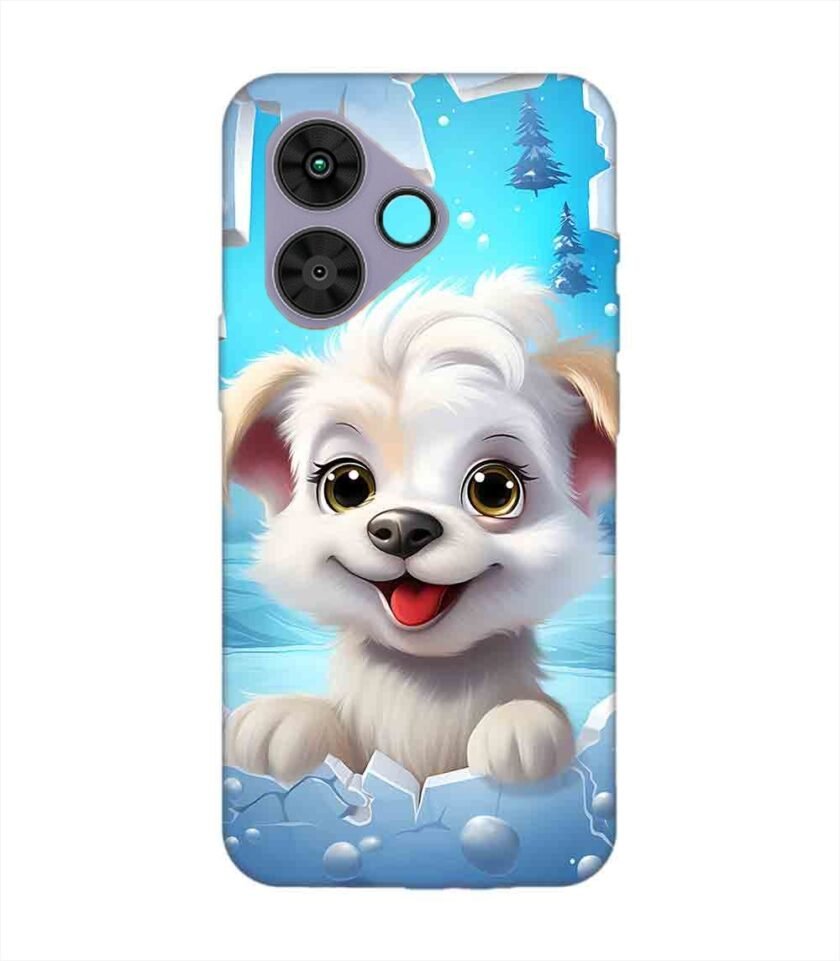 Poco M6 Plus (5G) cartoon dog looking through hole wall with snow Custom Printed Back Cover Design