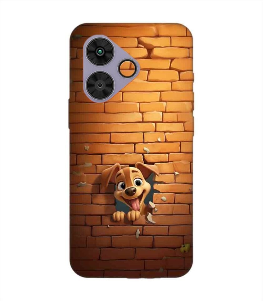 Poco M6 Plus (5G) cartoon dog sticking out hole brick wall generative ai Custom Printed Back Cover Design