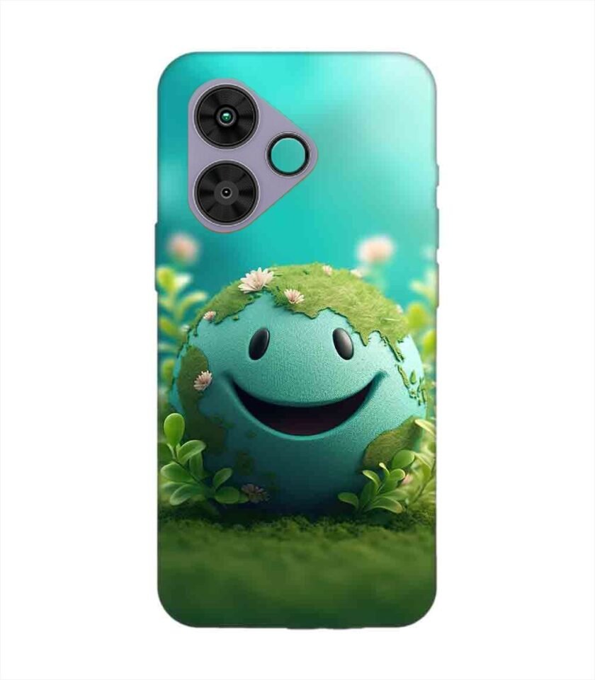 Poco M6 Plus (5G) cartoon earth with smiling face sits grass Custom Printed Back Cover Design