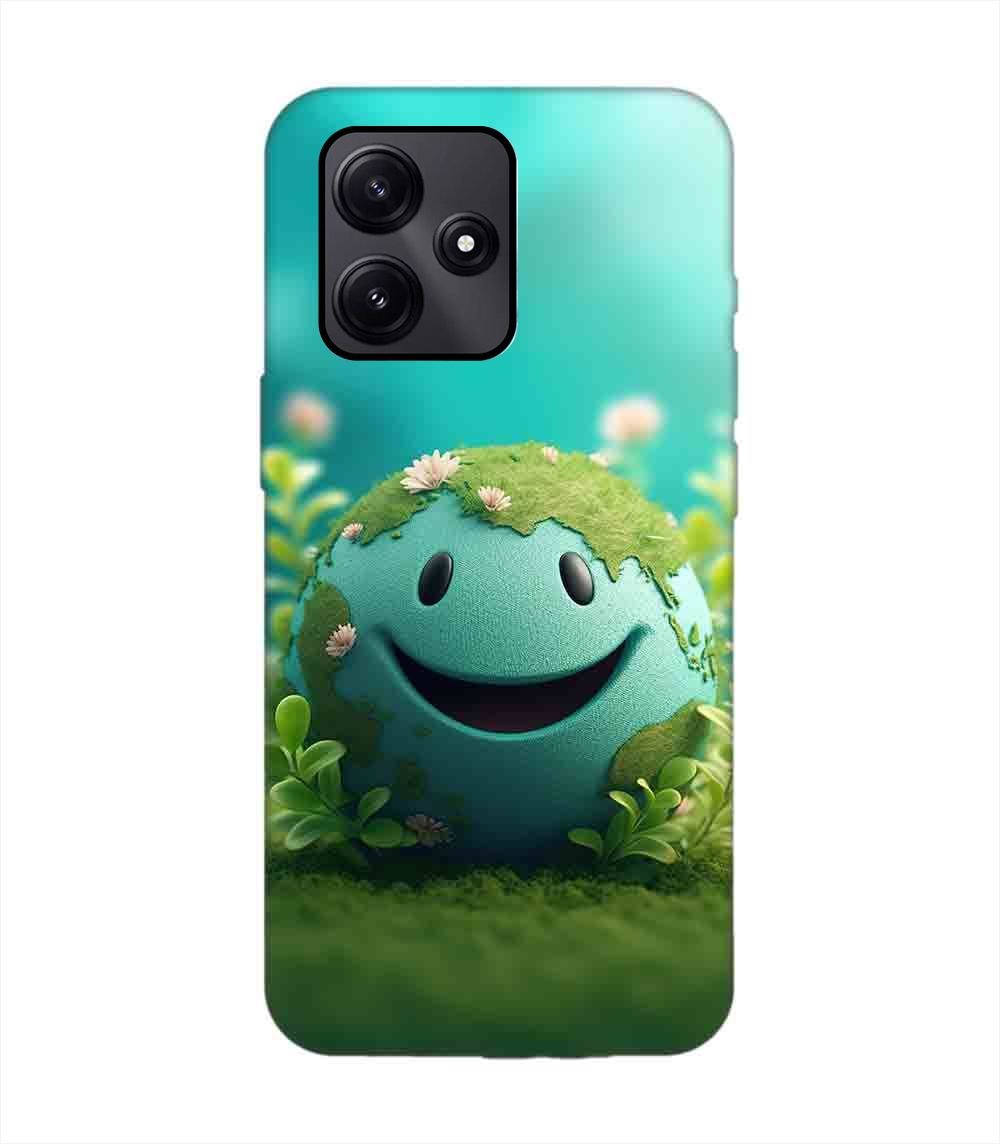 Poco M6 Pro (5G) cartoon earth with smiling face sits grass Custom Printed Back Cover Design