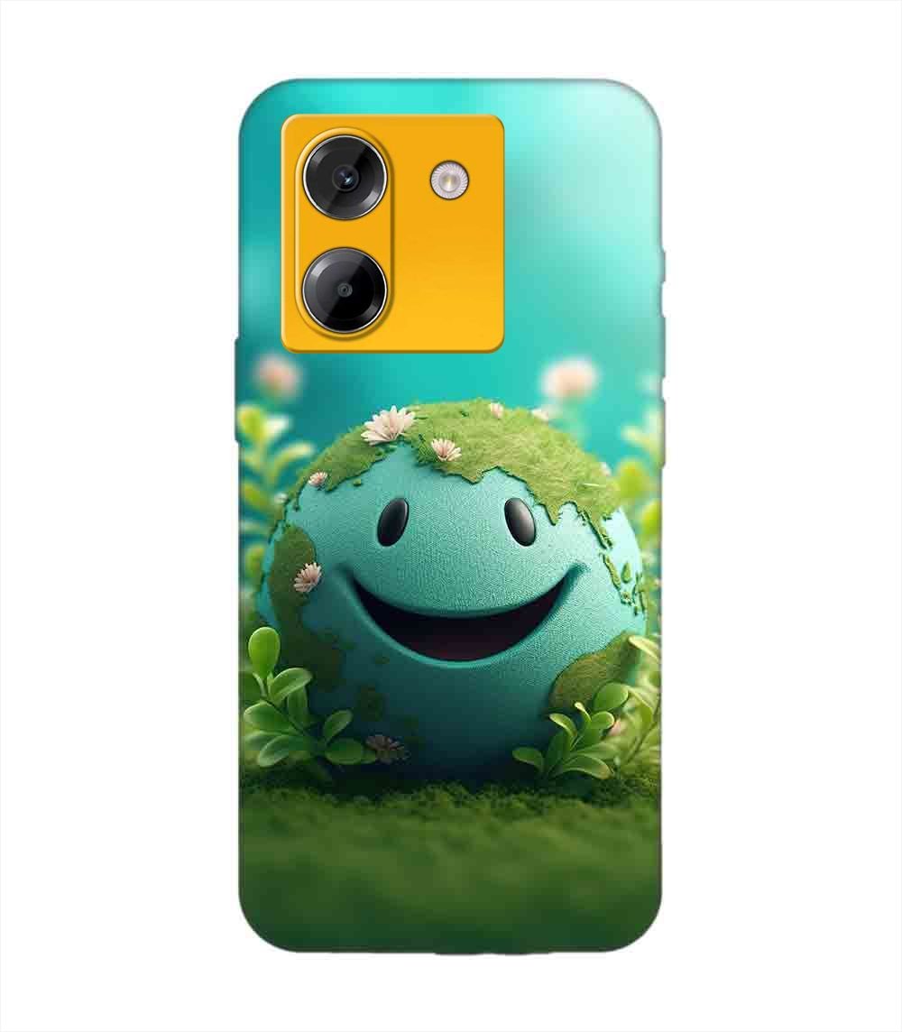 Poco M7 Pro (5G) cartoon earth with smiling face sits grass Custom Printed Back Cover Design