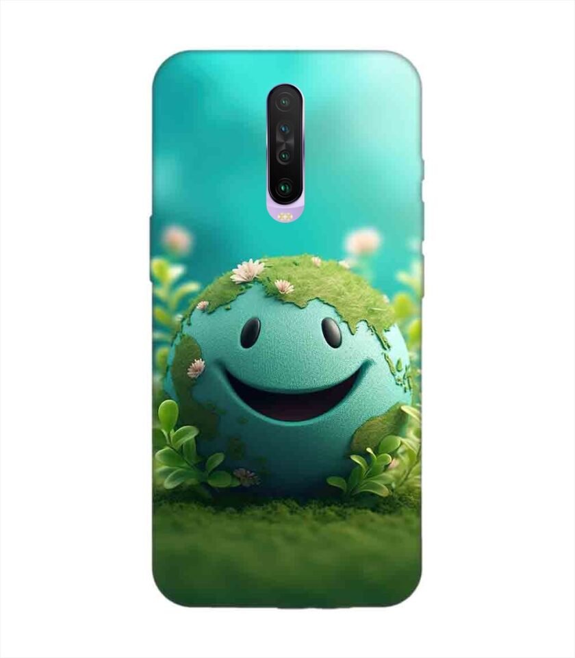 Poco X2 cartoon earth with smiling face sits grass Custom Printed Back Cover Design