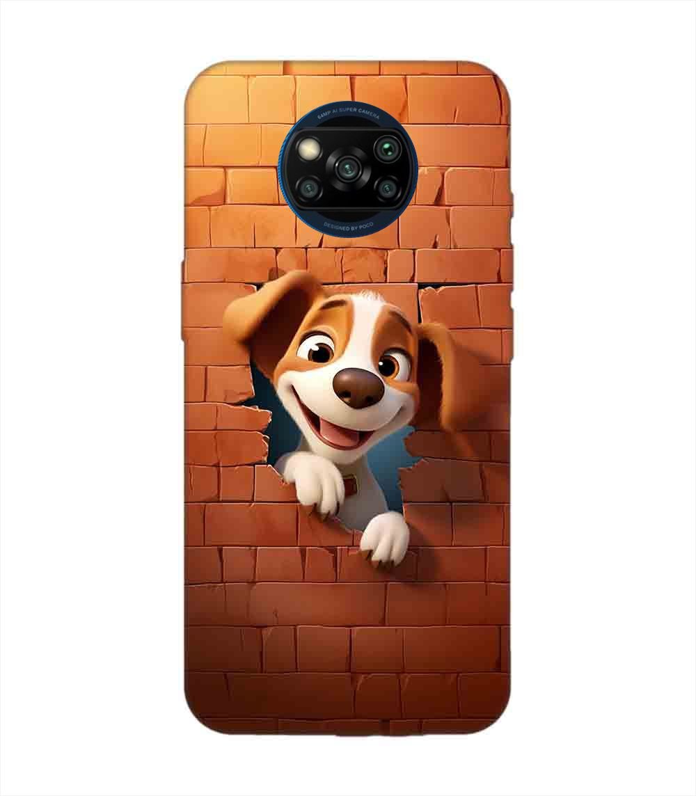 Poco X3 cartoon dog looking out hole brick wall with light generative ai Custom Printed Back Cover Design