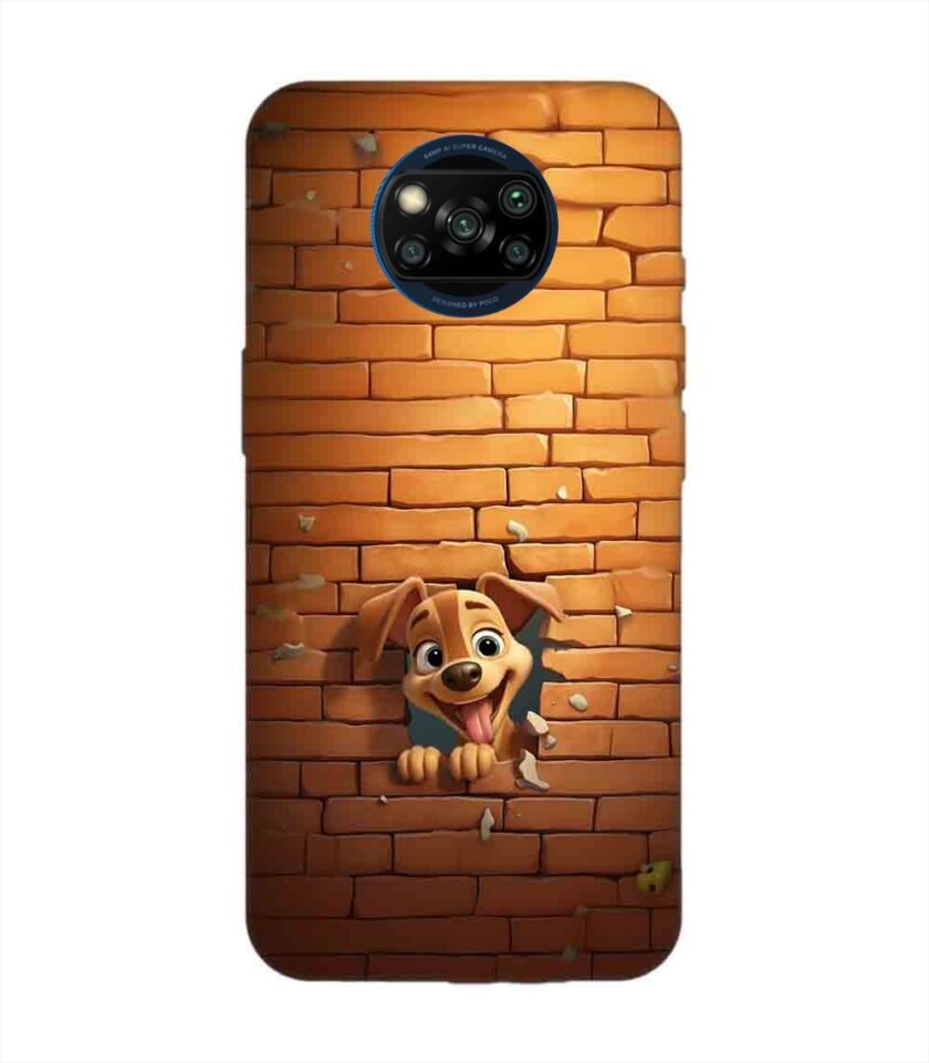 Poco X3 cartoon dog sticking out hole brick wall generative ai Custom Printed Back Cover Design