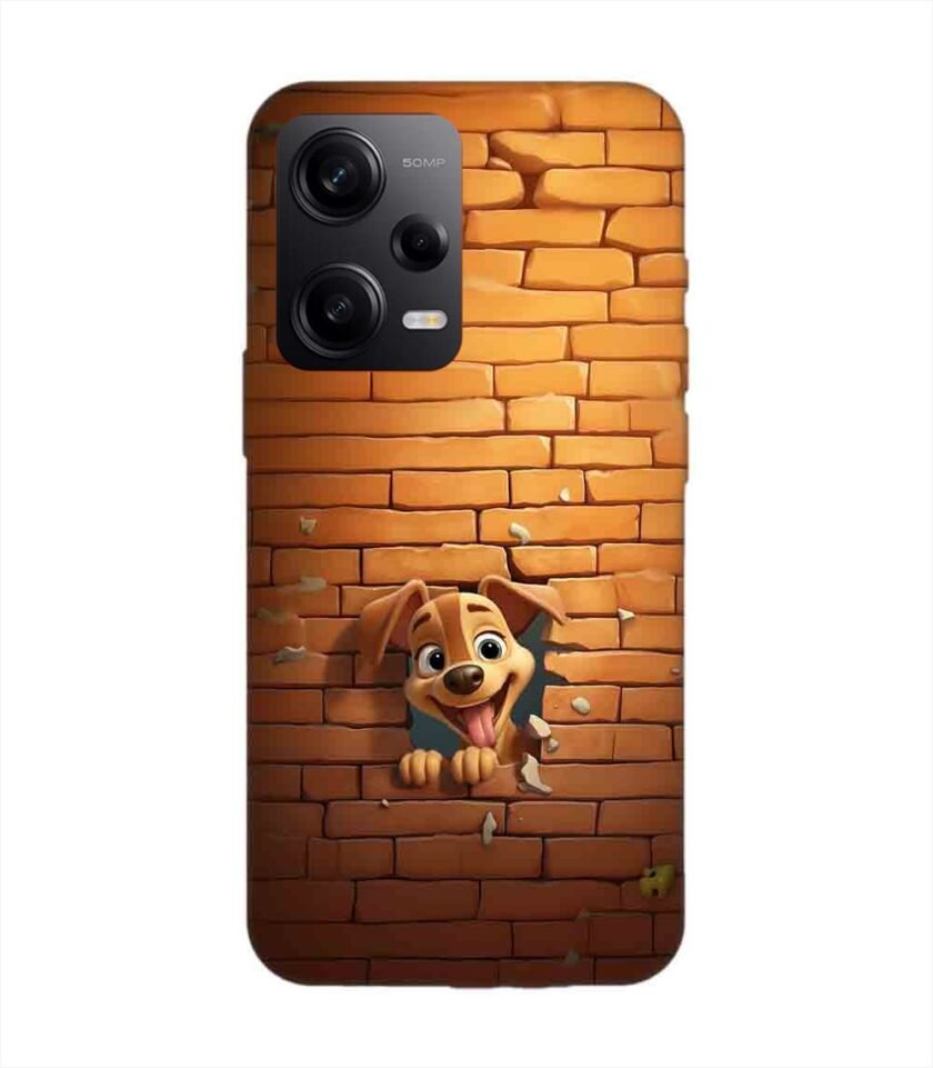 Poco X5 (5G) cartoon dog sticking out hole brick wall generative ai Custom Printed Back Cover Design
