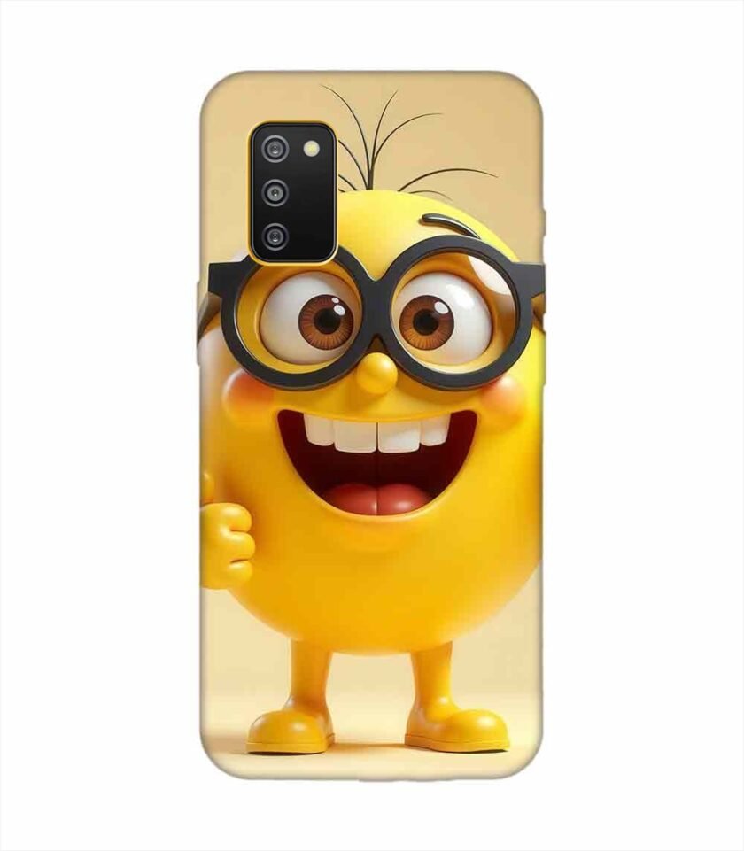 Samsung Galaxy F02S Happy Yellow Smiley Face Wearing Glasses Giving Thumbs Up Custom Printed Back Cover Design