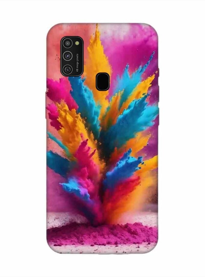 Samsung Galaxy M21 (4G) Happy Holi Color Splash Explosion Colored Powder Background Ai Generated Custom Printed Back Cover Design
