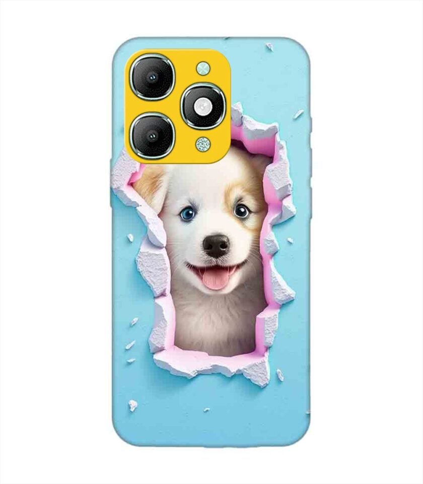 Custom Printed Case Cover for Itel A90 close up dog looking out hole wall