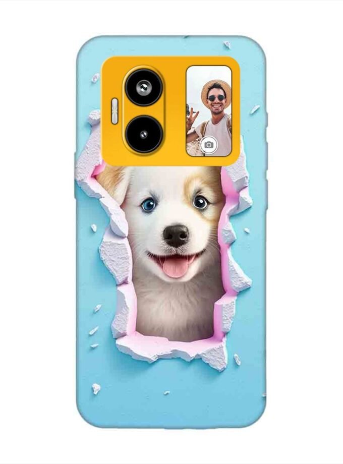 Custom Printed Case Cover for Lava Blaze Duo (5G) close up dog looking out hole wall