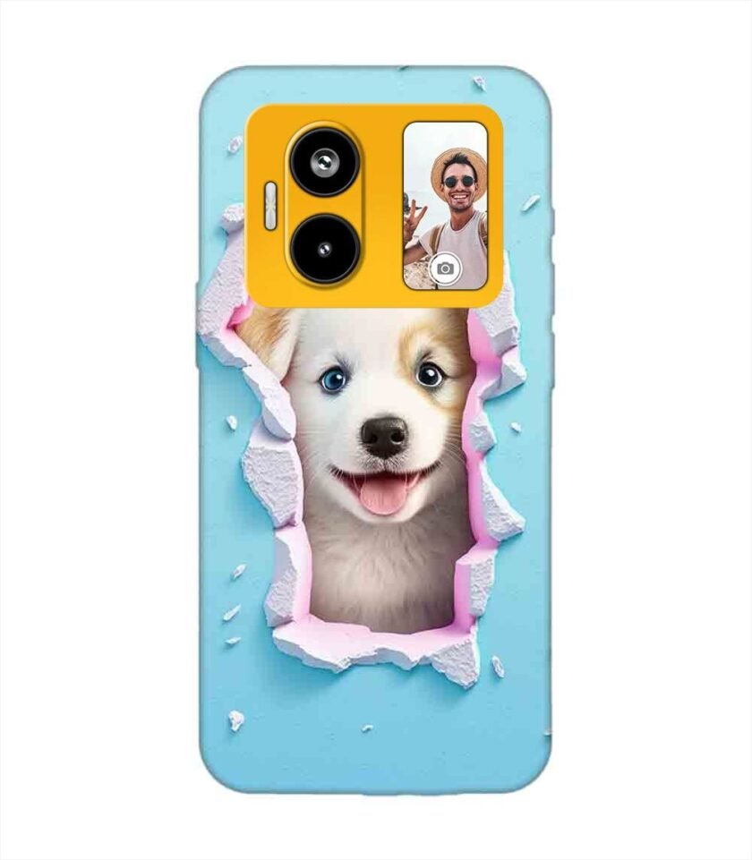 Custom Printed Case Cover for Lava Blaze Duo (5G) close up dog looking out hole wall