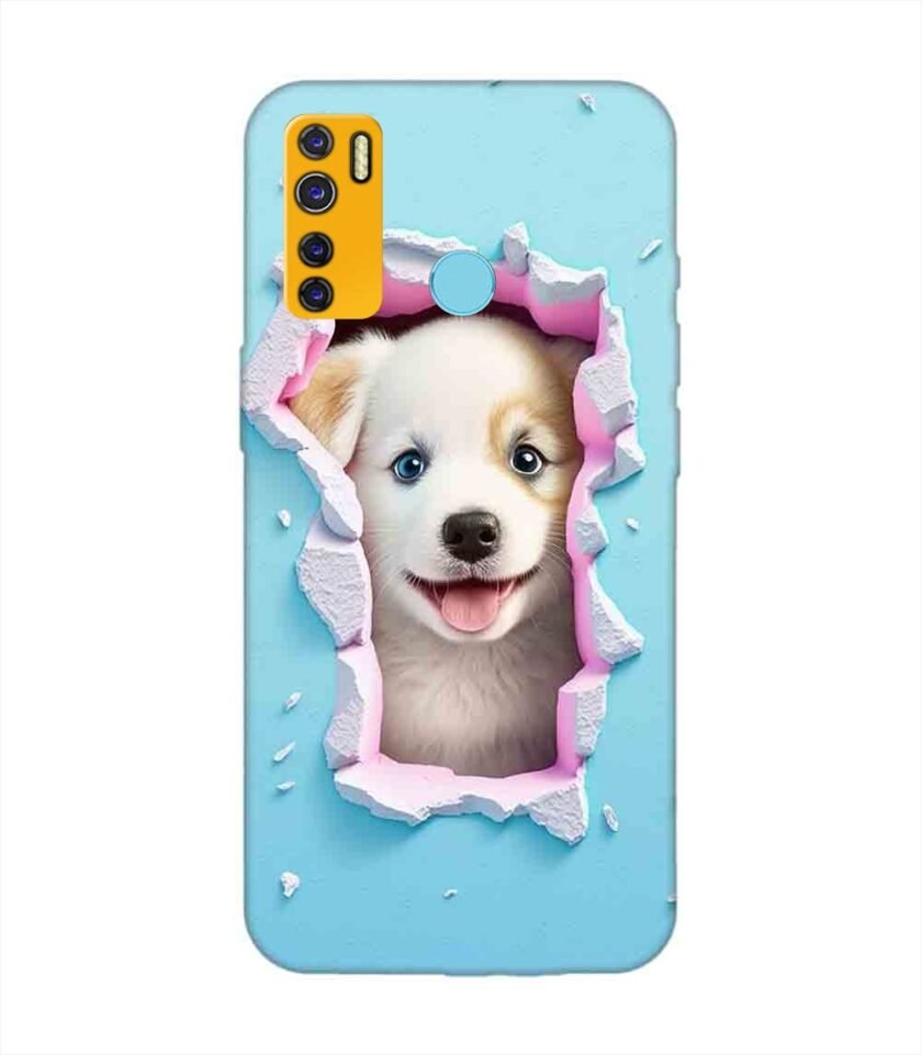 Printed Mobile Back Covers for Tecno Camon 15 Air close up dog looking out hole wall