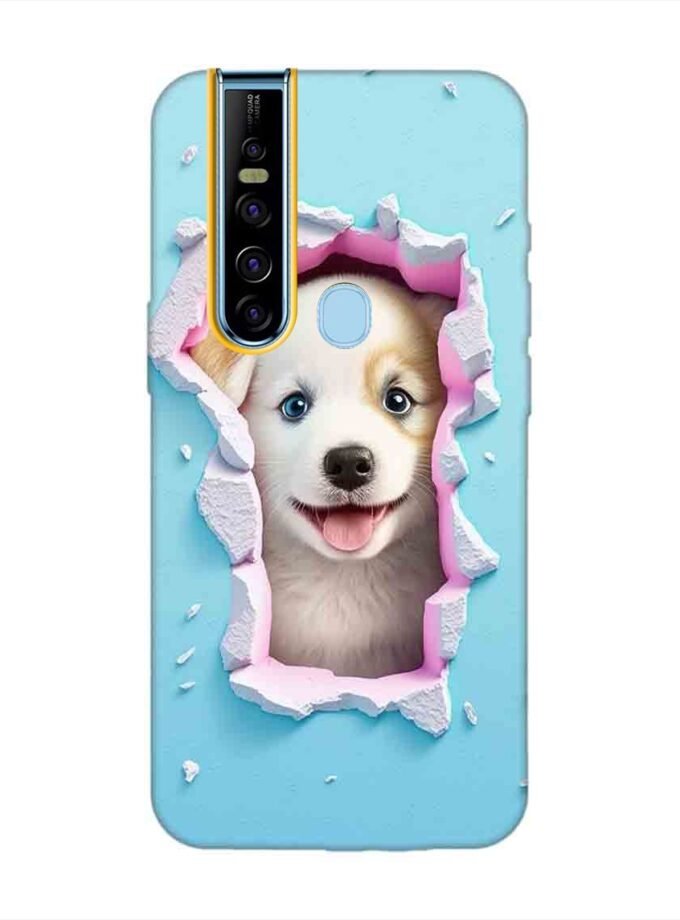 Printed Mobile Back Covers for Tecno Camon 15 Pro close up dog looking out hole wall