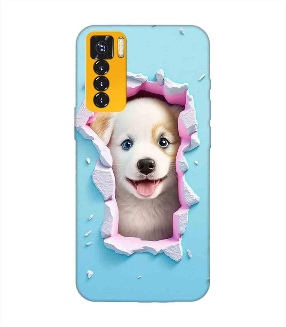 Printed Mobile Back Covers for Tecno Camon 17 Pro close up dog looking out hole wall