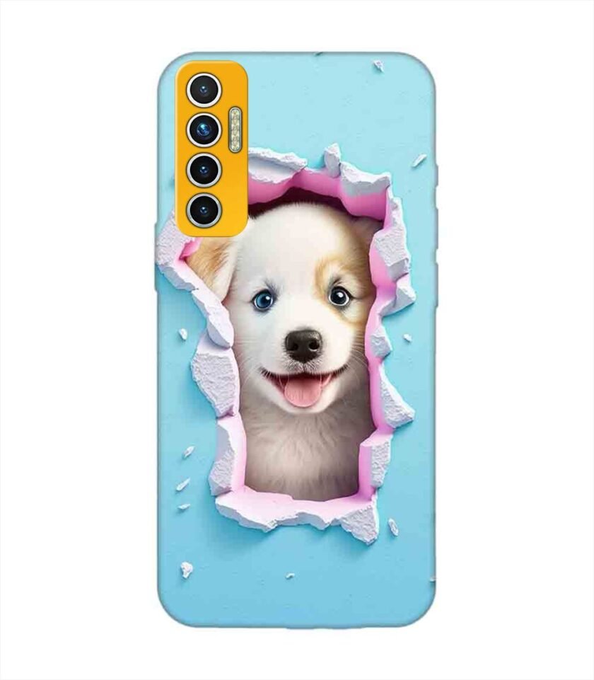 Printed Mobile Back Covers for Tecno Camon 17 close up dog looking out hole wall