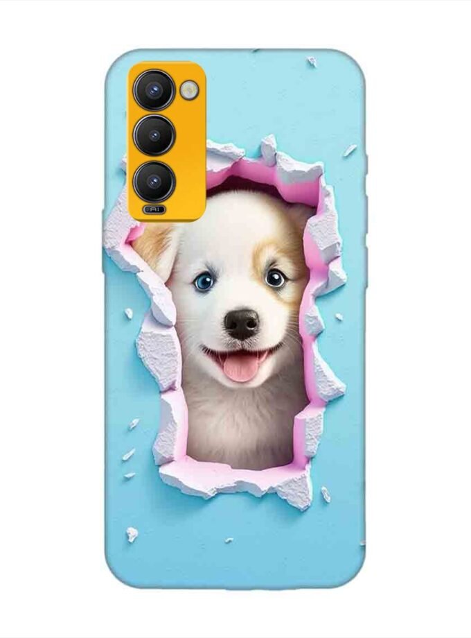 Printed Mobile Back Covers for Tecno Camon 18 close up dog looking out hole wall