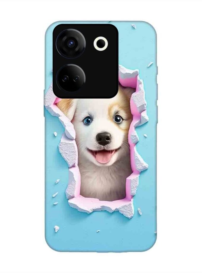 Printed Mobile Back Covers for Tecno Camon 20 close up dog looking out hole wall