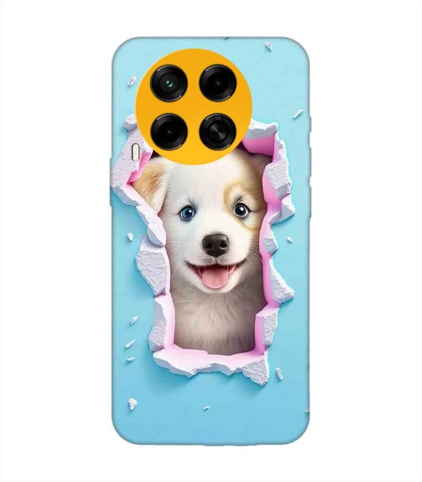 Printed Mobile Back Covers for Tecno Camon 30 (5G) close up dog looking out hole wall