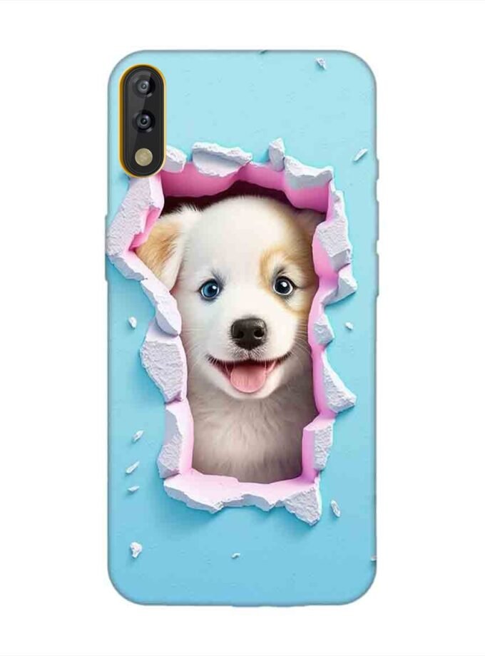 Printed Mobile Back Covers for Tecno Camon Isky 3 close up dog looking out hole wall