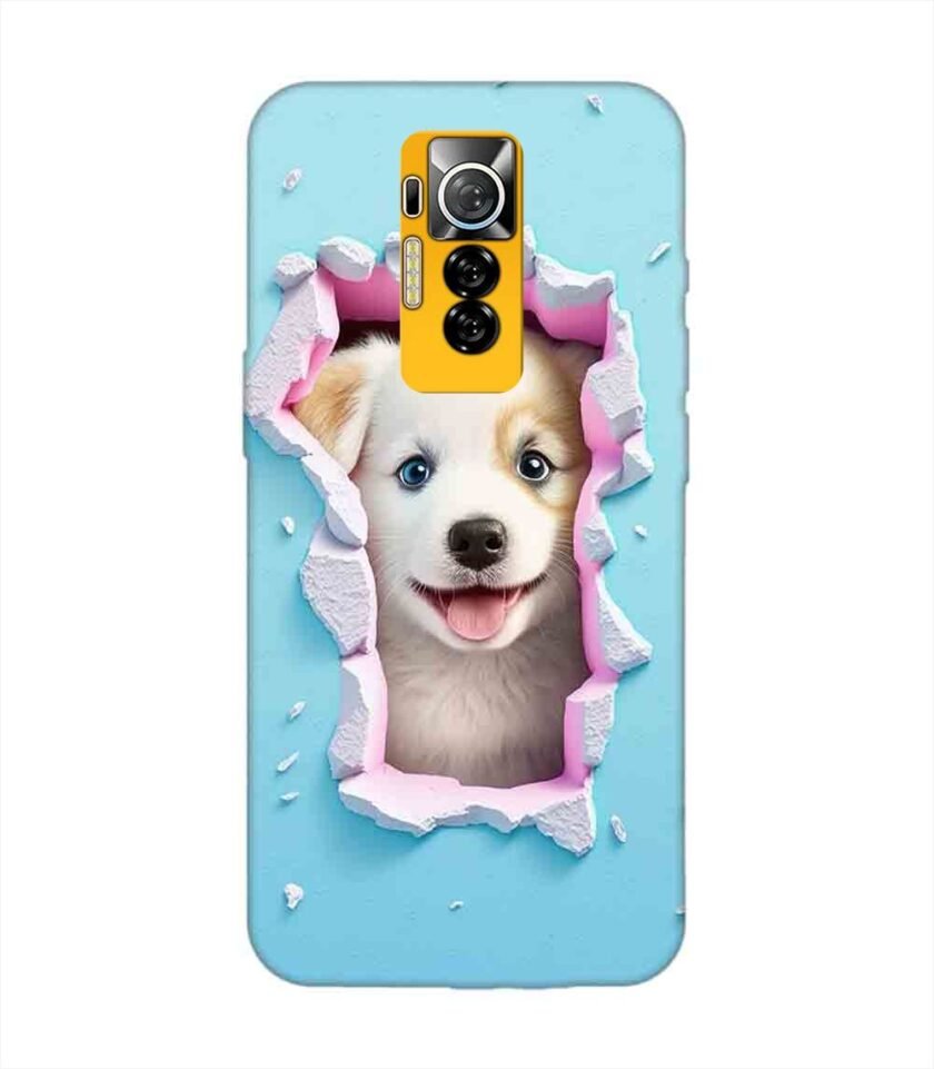 Printed Mobile Back Covers for Tecno Phantom X close up dog looking out hole wall