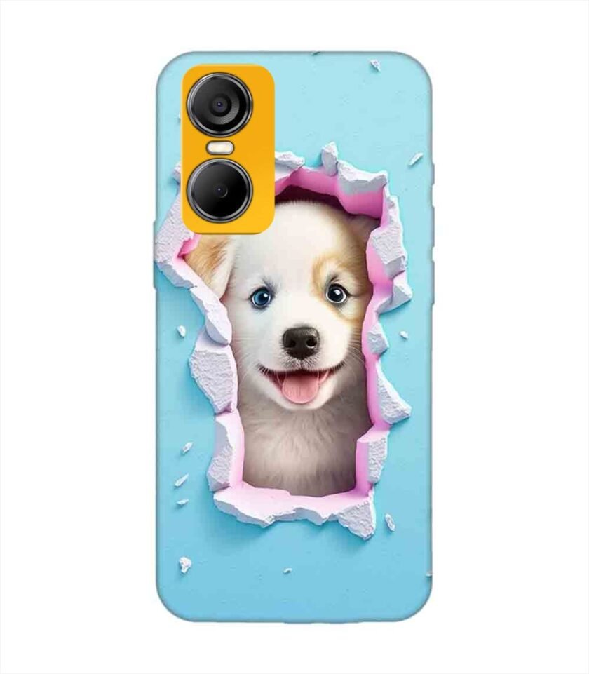Printed Mobile Back Covers for Tecno Pop 6 Pro close up dog looking out hole wall