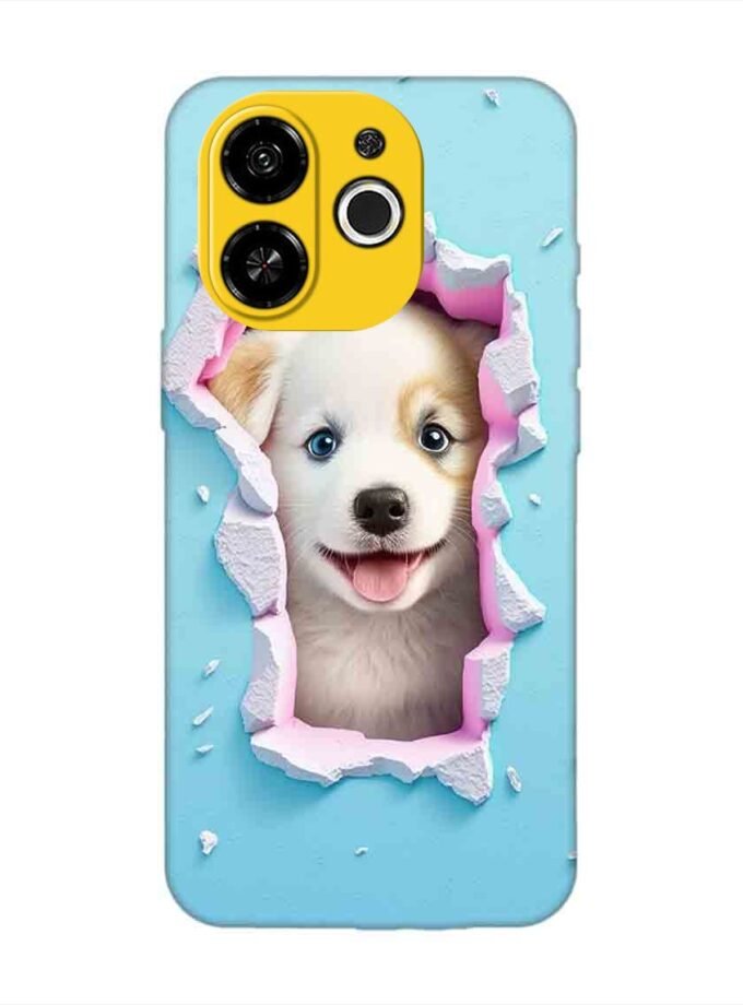 Printed Mobile Back Covers for Tecno Pop 9 (5G) close up dog looking out hole wall