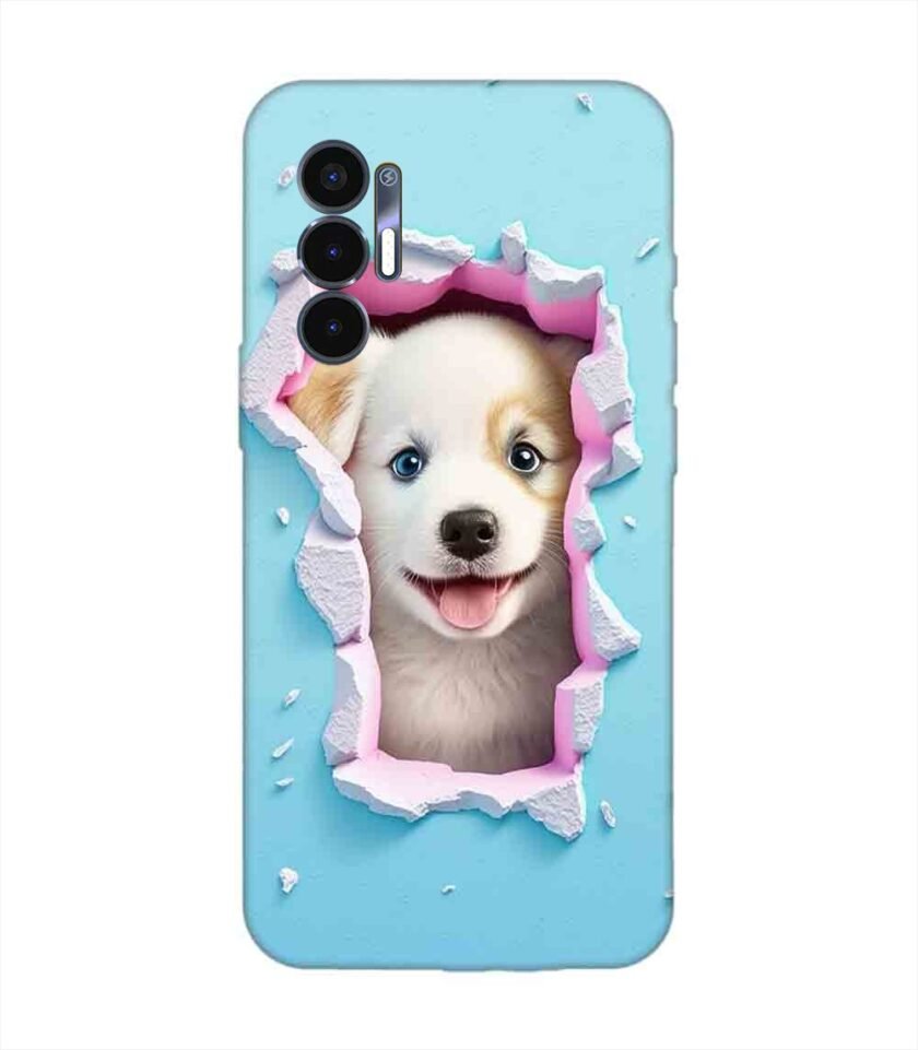 Printed Mobile Back Covers for Tecno Pova 3 close up dog looking out hole wall