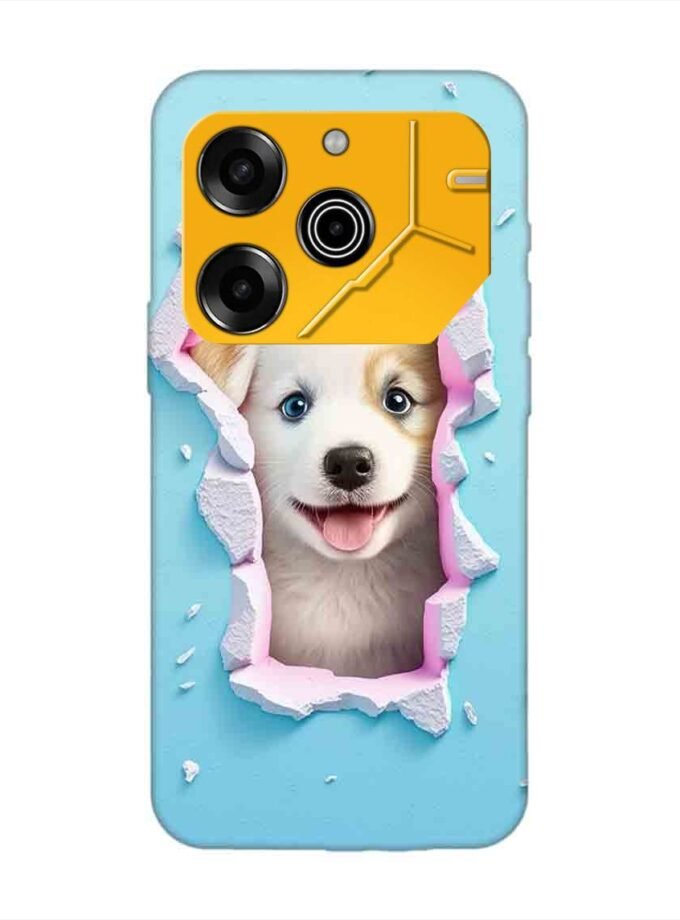 Printed Mobile Back Covers for Tecno Pova 6 Pro (5G) close up dog looking out hole wall
