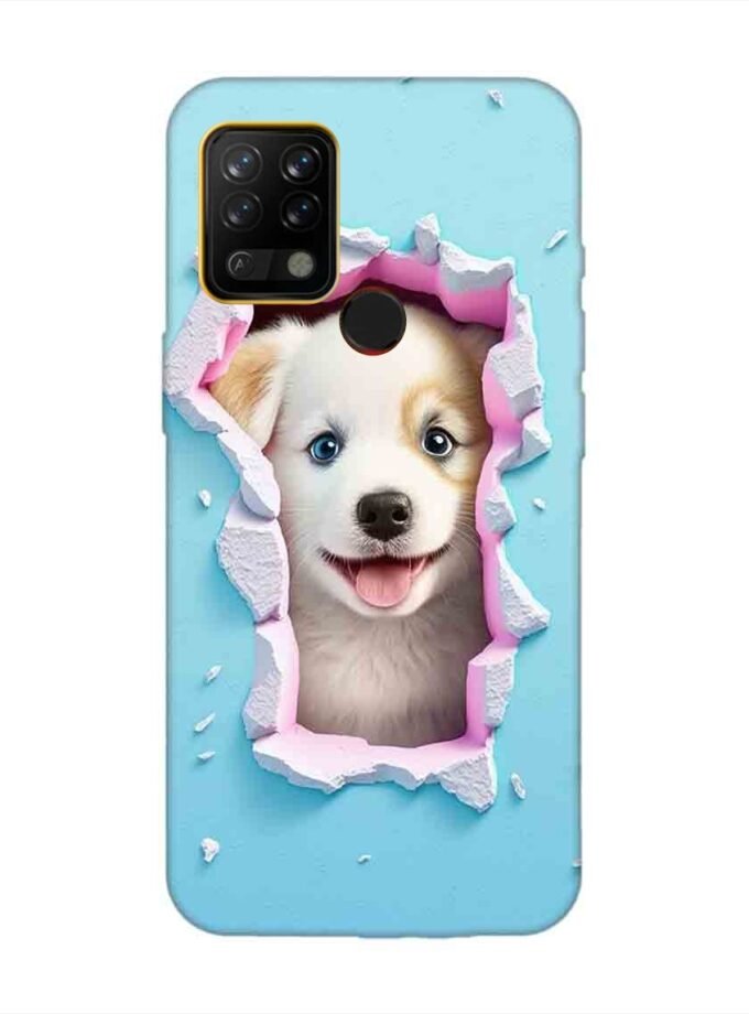 Printed Mobile Back Covers for Tecno Pova close up dog looking out hole wall