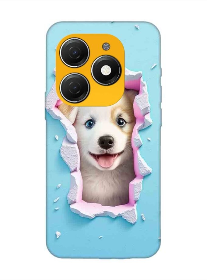 Printed Mobile Back Covers for Tecno Spark 20 close up dog looking out hole wall