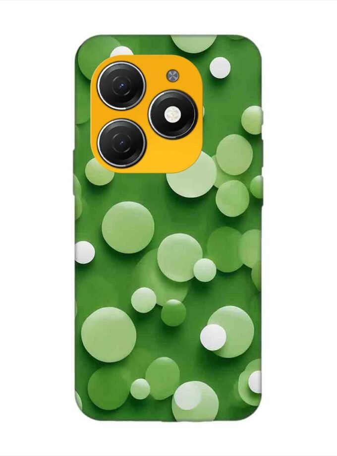 Printed Mobile Back Covers for Tecno Spark 20 close up green background with white polka dots
