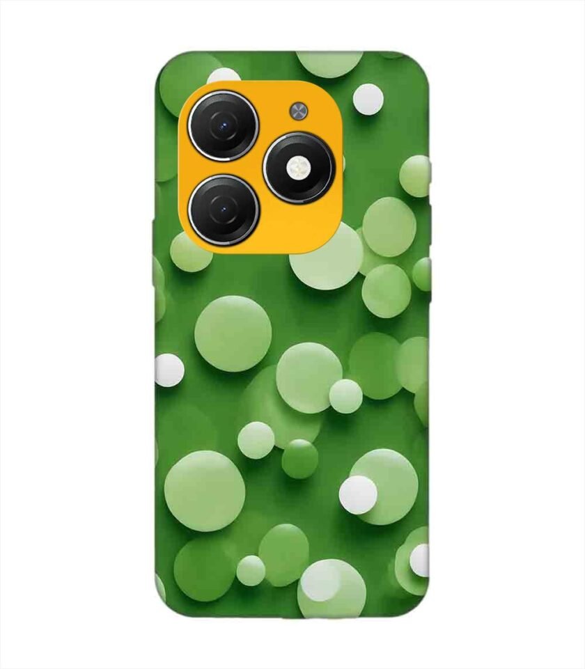 Printed Mobile Back Covers for Tecno Spark 20 close up green background with white polka dots