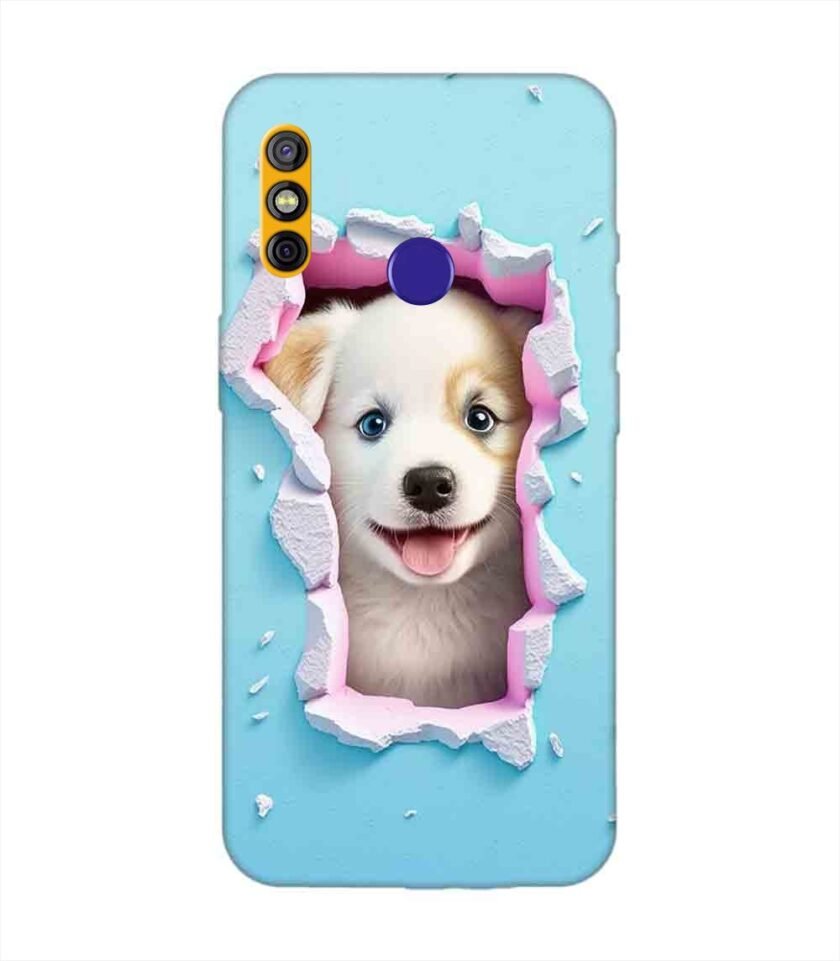 Printed Mobile Back Covers for Tecno Spark 4 close up dog looking out hole wall