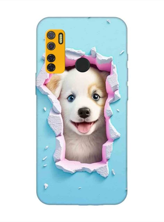 Printed Mobile Back Covers for Tecno Spark 5 close up dog looking out hole wall