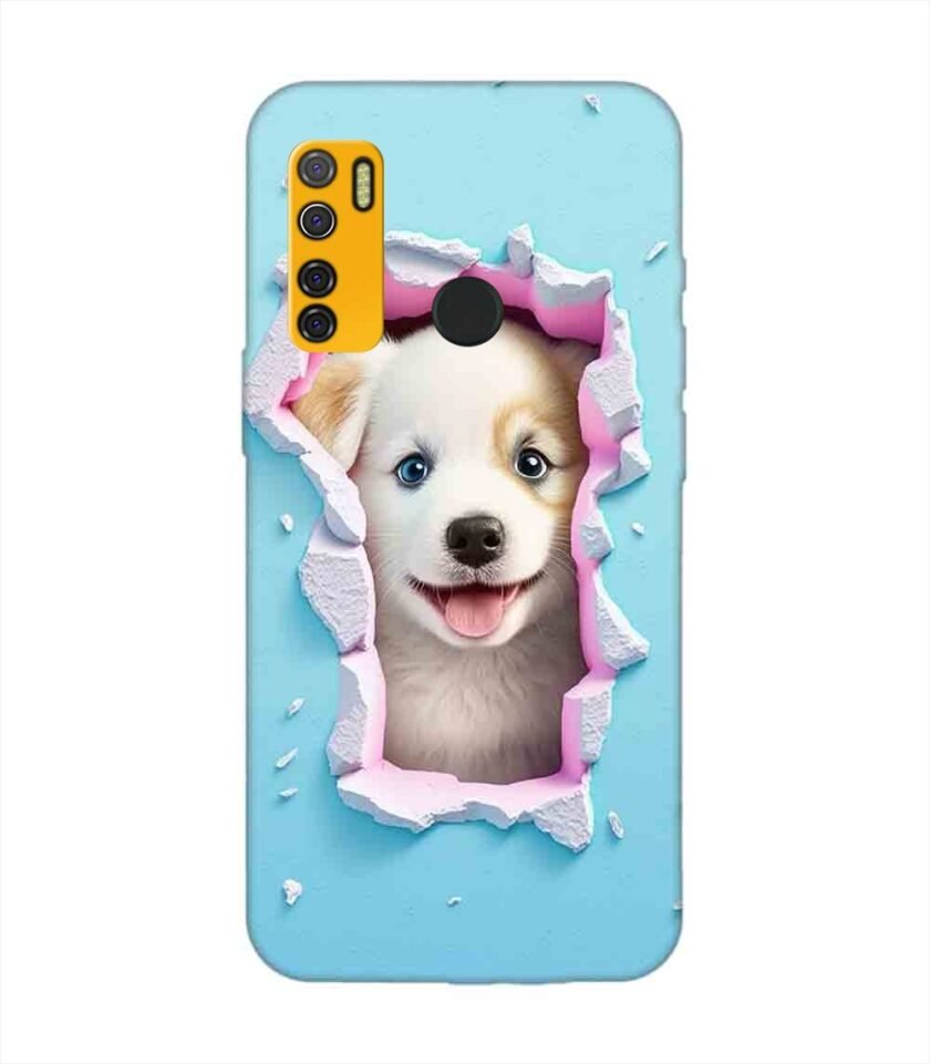 Printed Mobile Back Covers for Tecno Spark 5 close up dog looking out hole wall