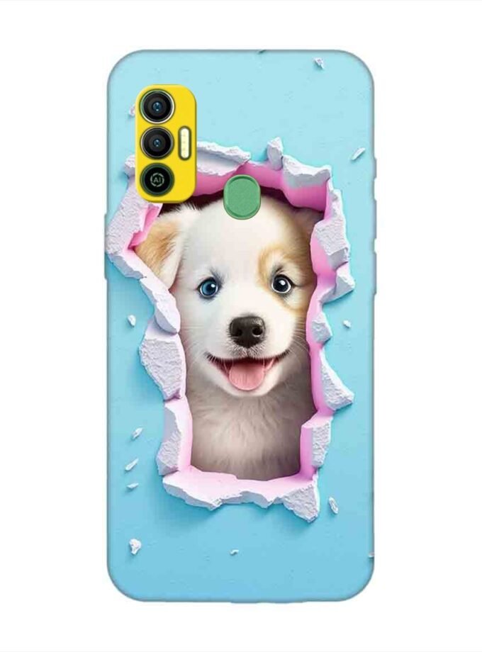 Printed Mobile Back Covers for Tecno Spark 7 close up dog looking out hole wall