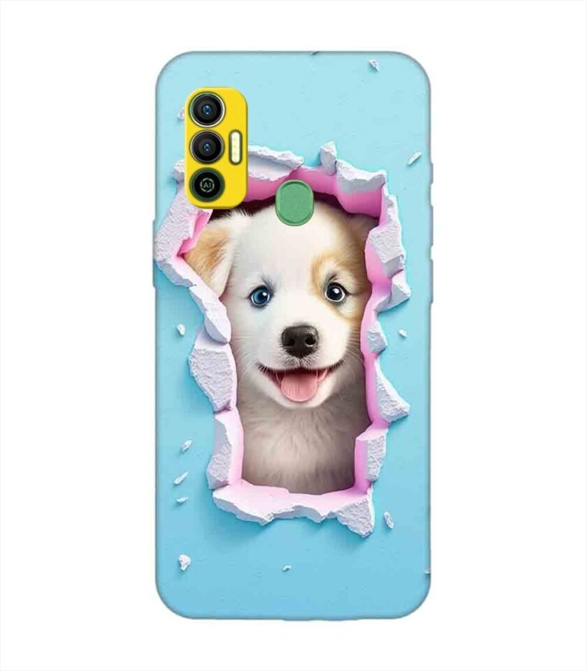 Printed Mobile Back Covers for Tecno Spark 7 close up dog looking out hole wall